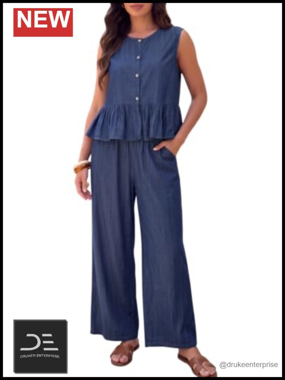 Women's 2pc Denim Look Set Sleeveless Peplum Top Wide Leg Crop Capris